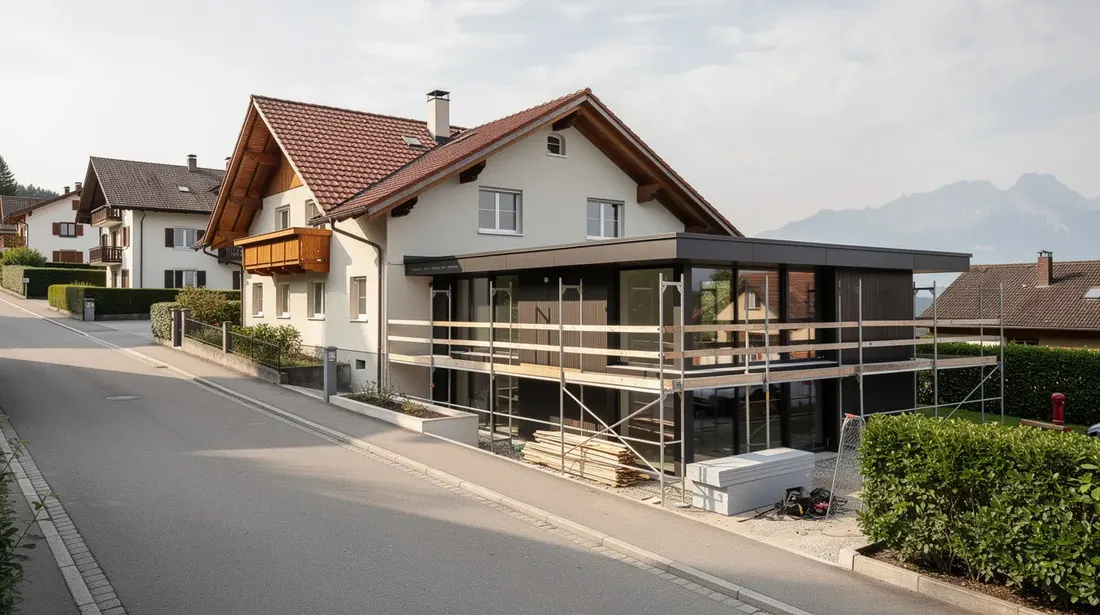 Cette image montre une maison individuelle en cours de construction, avec une extension latérale moderne visible grâce aux échafaudages. Située dans un quartier résidentiel suisse, elle illustre un projet d'agrandissement de maison, mettant en avant les travaux d'aménagement en cours.