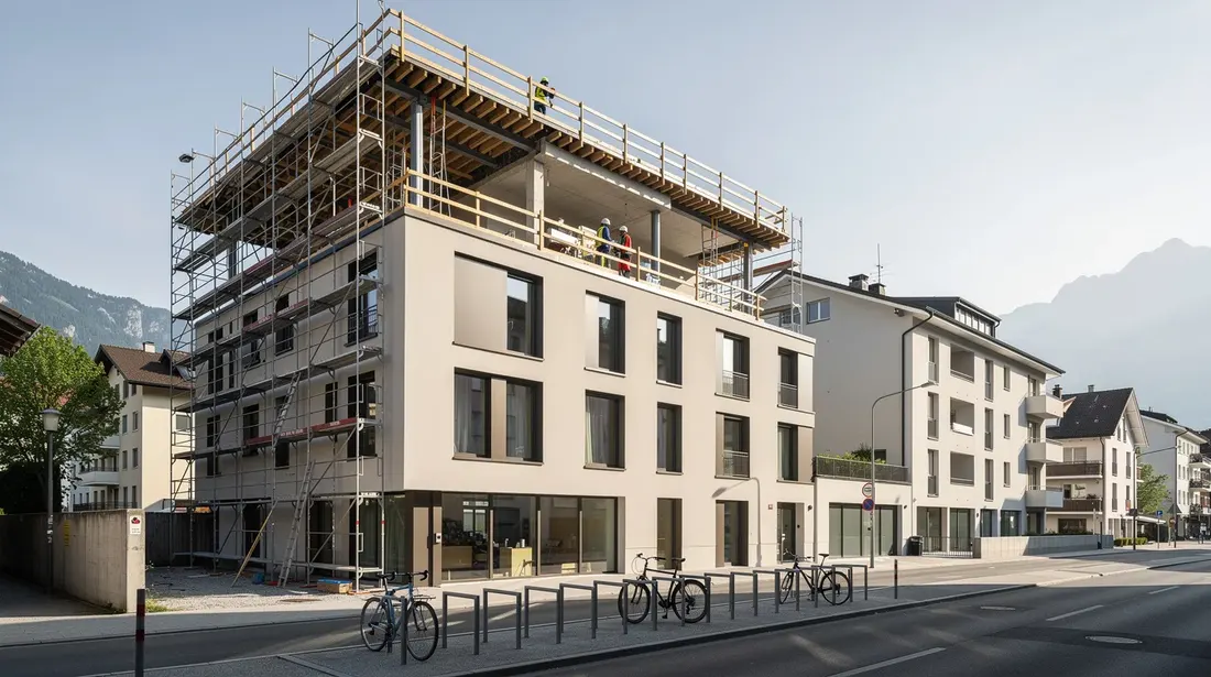 L'image montre un immeuble en surélévation, entouré d'échafaudages, avec un nouveau niveau en cours de construction dans un environnement urbain suisse. Ce projet d'agrandissement de maison met en avant les travaux de rénovation et d'extension qui transforment l'habitation.