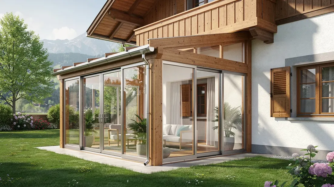 Une véranda vitrée lumineuse en bois et aluminium est accolée à une maison traditionnelle suisse, offrant une vue sur un jardin verdoyant. Cet agrandissement de maison crée un espace de vie confortable et lumineux, idéal pour profiter du jardin.