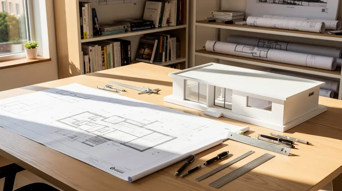 Des plans architecturaux soigneusement disposés sur une table, accompagnés d'une maquette de maison, illustrent un projet d'agrandissement de maison dans un bureau d'architecte lumineux. L'espace est bien organisé, reflétant des idées pour une extension et une transformation de l'habitation.