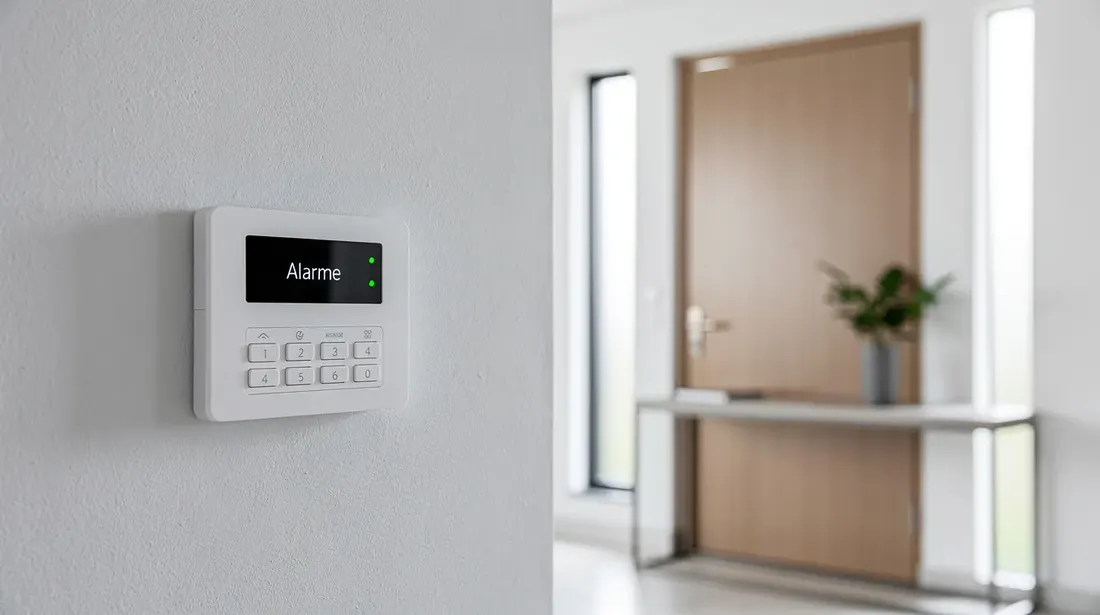 Un panneau d'alarme sans fil moderne est fixé au mur d'une entrée de maison contemporaine, symbolisant la sécurité et la protection du foyer. Ce système d'alarme, essentiel pour prévenir les risques de cambriolage, s'intègre harmonieusement dans l'intérieur de l'habitation.
