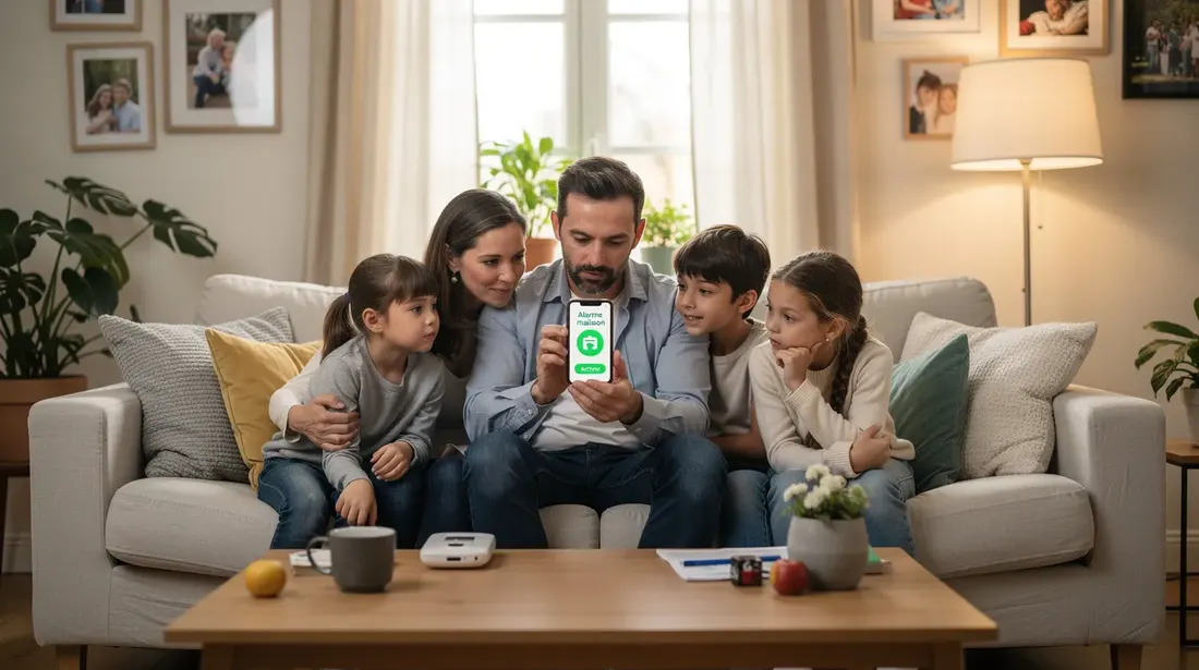 Une famille est réunie dans le salon de leur maison, regardant attentivement l'application d'un système d'alarme sur un smartphone. Cette scène illustre l'importance de la sécurité et de la protection de leur domicile contre les risques d'intrusion.