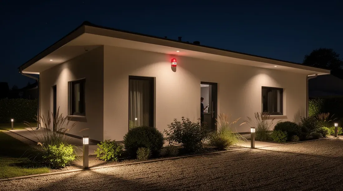 La façade d'une maison est illuminée la nuit, mettant en valeur une sirène d'alarme installée sous le toit, tandis que des lumières de jardin ajoutent une touche de sécurité et de confort à l'habitation. Ce système d'alarme contribue à la protection du domicile contre les risques d'intrusion.