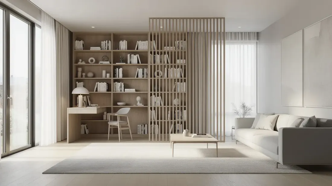 Un salon lumineux avec une bibliothèque en bois clair qui s'élève jusqu'au plafond, séparé par un claustra qui délimite un coin bureau. Cet aménagement intérieur crée une ambiance chaleureuse et fonctionnelle, idéale pour la lecture et le travail.