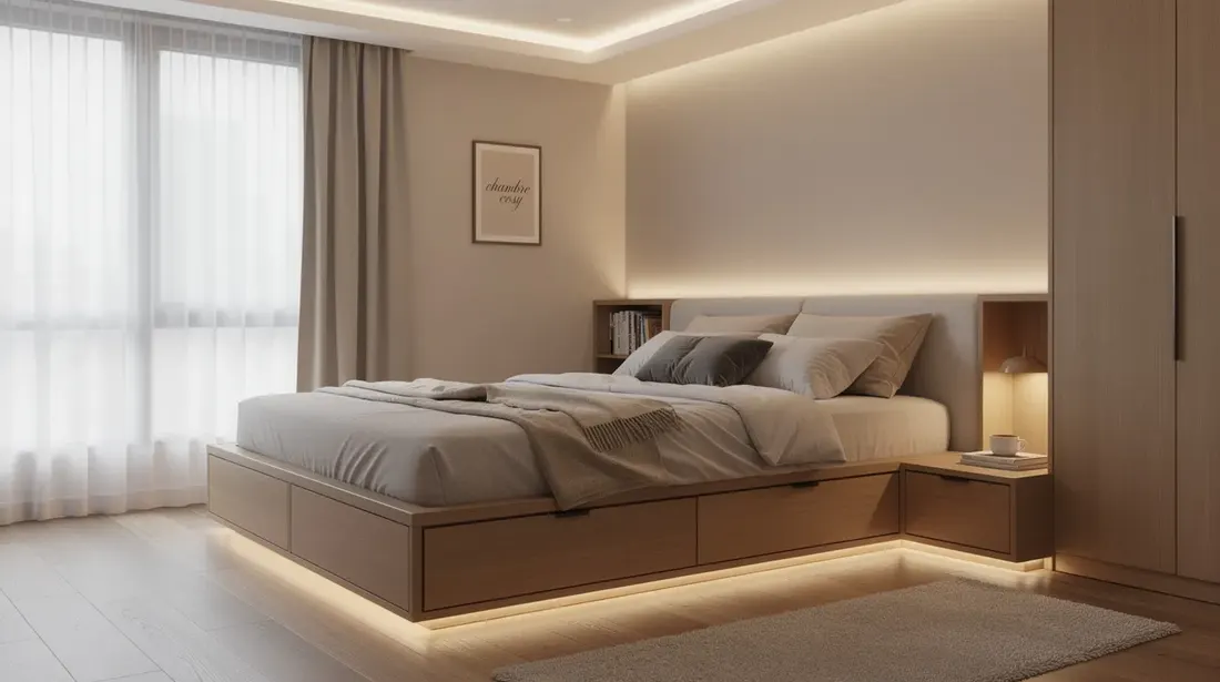 Une chambre cosy avec un éclairage indirect doux, où un lit surélevé intègre des rangements pratiques en dessous. L'aménagement intérieur est pensé pour optimiser l'espace tout en créant une atmosphère chaleureuse et accueillante.