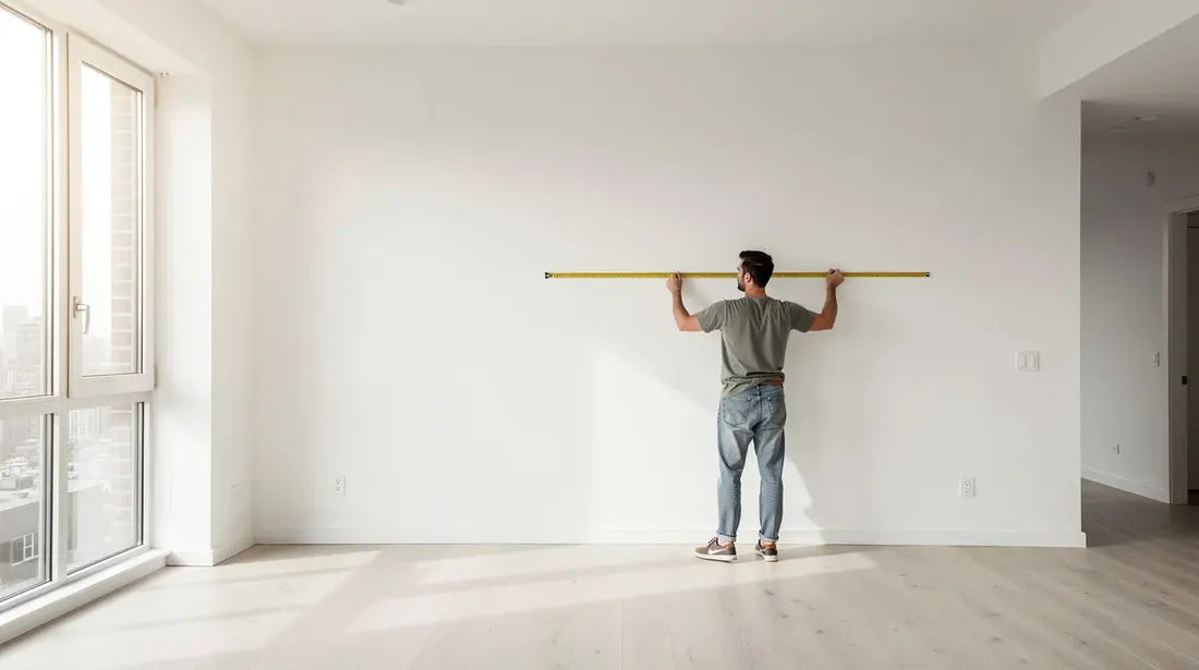 Une personne mesure un mur avec un mètre ruban dans un appartement vide et lumineux, prêt pour un projet d'aménagement intérieur. L'espace est dégagé, mettant en valeur les murs et la lumière naturelle qui inonde la pièce.