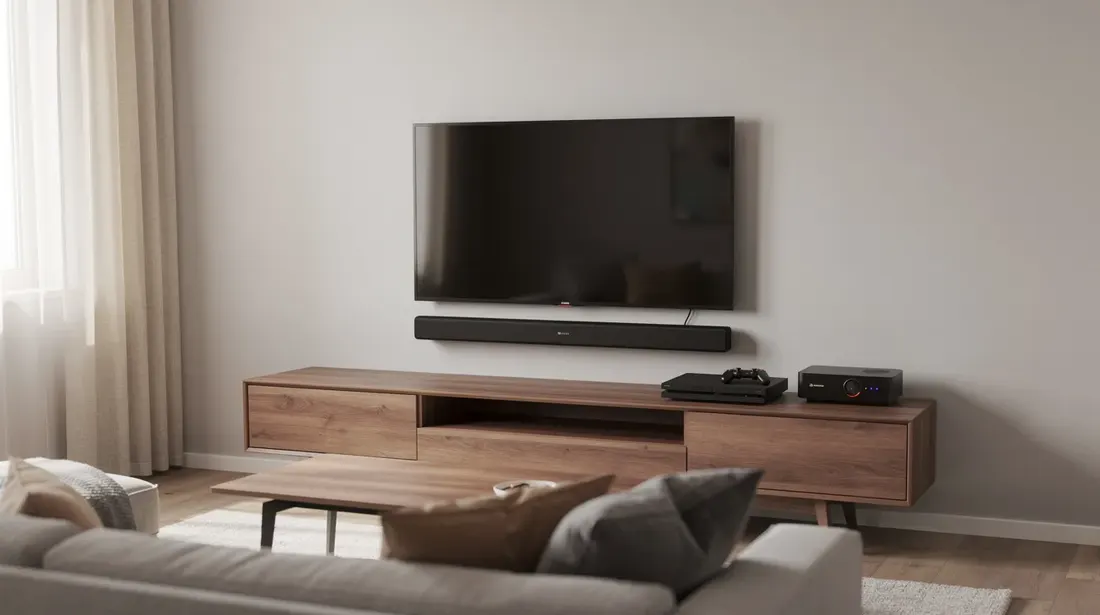 L'image montre un salon moderne avec une télévision à écran plat, une barre de son, une console de jeu et une box internet soigneusement disposées sur un meuble TV. Ces appareils, souvent en veille, contribuent à la consommation d'énergie dans les foyers, soulignant l'importance de l'efficacité énergétique pour réduire la facture d'électricité.