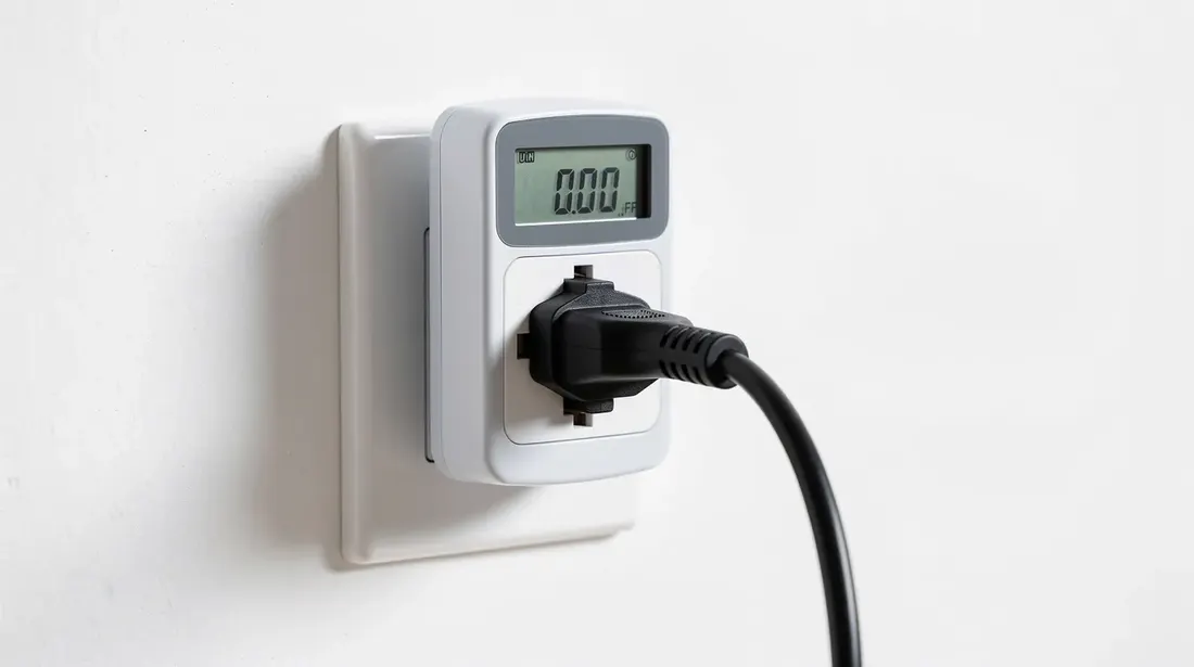 L'image montre un wattmètre branché dans une prise murale blanche, avec un câble d'appareil connecté, permettant de mesurer la consommation d'énergie et d'évaluer l'empreinte écologique des appareils en veille dans un foyer. Ce dispositif aide à comprendre la consommation en veille et à réaliser des économies sur la facture d'électricité.