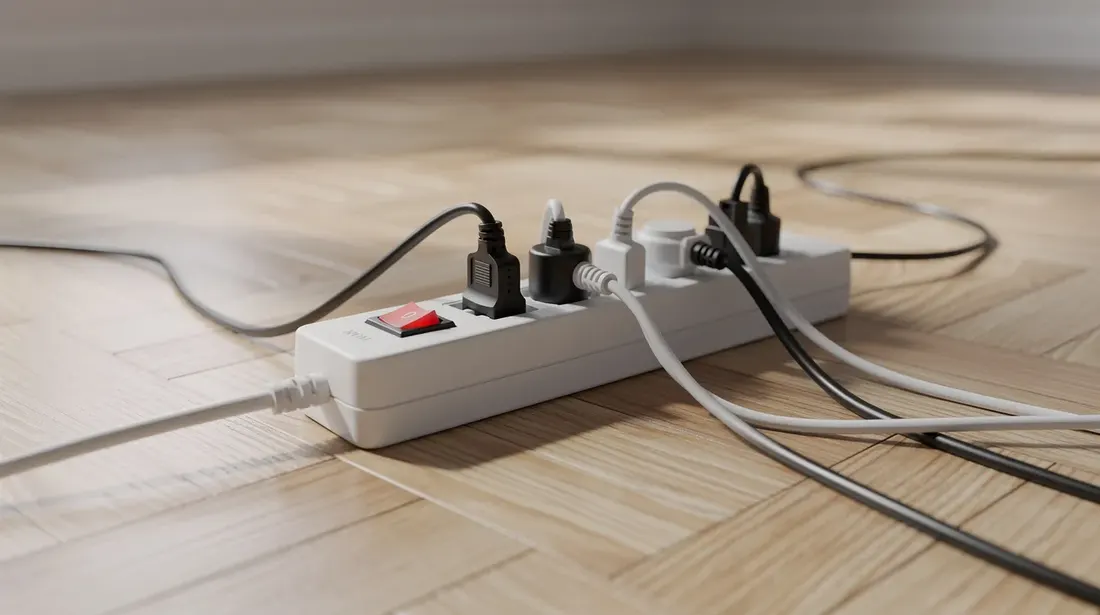 Une multiprise blanche à interrupteur est posée sur un parquet en bois clair, avec plusieurs câbles d'appareils électriques branchés, prêts à être utilisés. Cette configuration permet de gérer la consommation d'énergie et de réduire le gaspillage en mettant les appareils en veille lorsque non utilisés.