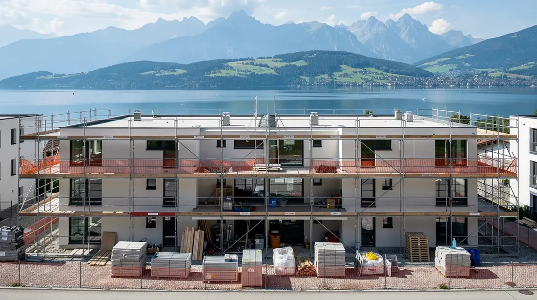 L'image montre un chantier résidentiel en Suisse, avec des échafaudages entourant des bâtiments en construction. En arrière-plan, on aperçoit un magnifique lac, ajoutant une dimension naturelle à ce projet architectural.