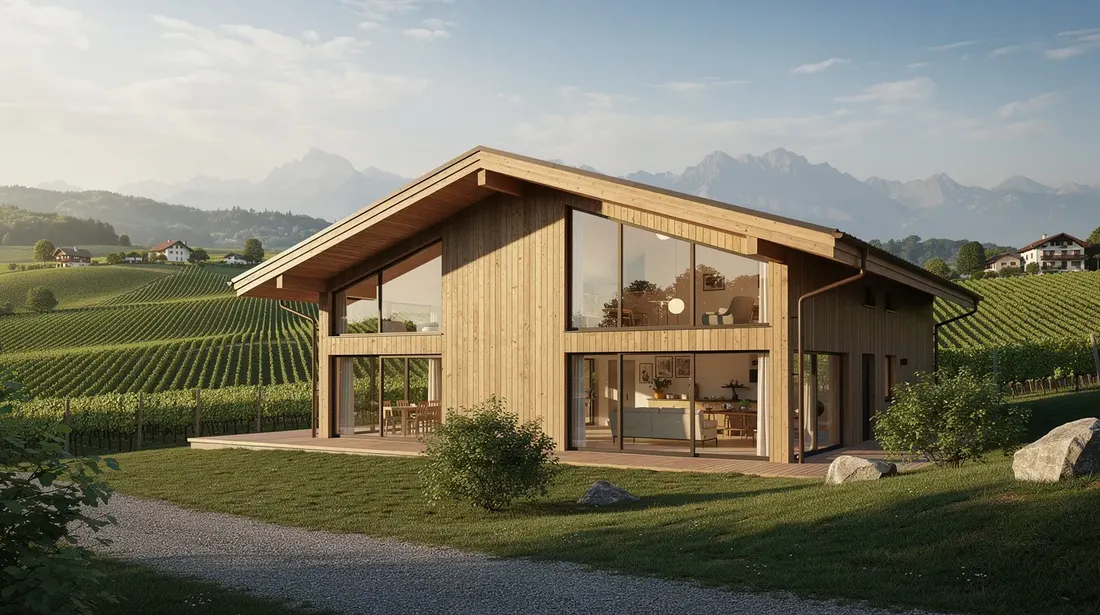 Cette image montre une villa contemporaine en bois, intégrée harmonieusement dans le paysage de la campagne vaudoise, offrant une vue panoramique sur des vignobles verdoyants. L'architecture moderne de cette habitation reflète une conception soignée, respectant l'environnement et mettant en valeur la beauté naturelle du site.