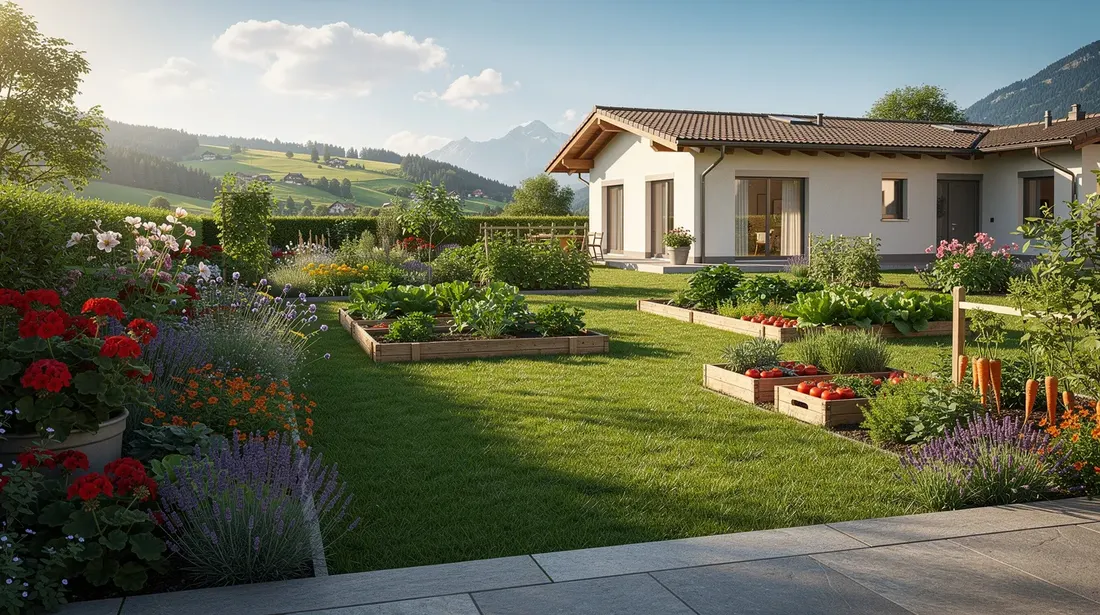 L'image montre un jardin résidentiel suisse, avec une pelouse verte bien entretenue, des plates-bandes colorées de fleurs et un potager luxuriant, le tout sous un ciel d'été ensoleillé. Un système d'arrosage automatique pourrait être présent, assurant l'irrigation efficace des plantes tout en offrant un espace agréable pour se détendre.