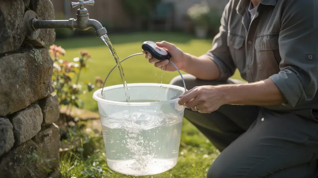 Une personne remplit un seau d'eau à un robinet de jardin extérieur, mesurant le débit pour s'assurer d'un arrosage efficace des plantes. En arrière-plan, on peut apercevoir des plates-bandes bien entretenues, témoignant d'un système d'arrosage automatique soigneusement planifié.