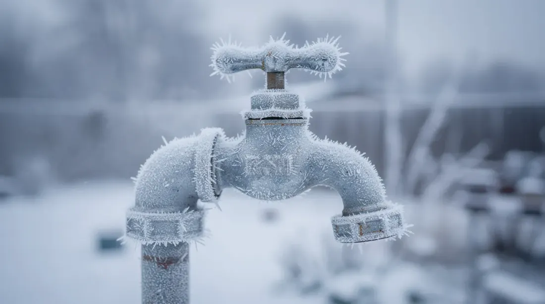 L'image montre un robinet de jardin gelé, recouvert de cristaux de givre scintillants, évoquant l'hiver rigoureux. Ce robinet, essentiel pour un système d'arrosage, est figé dans le temps, rappelant les besoins d'irrigation des plantes pendant la saison froide.