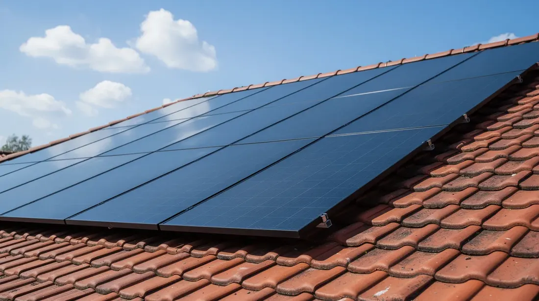Des panneaux solaires photovoltaïques sont installés sur un toit en tuiles, sous un ciel bleu parsemé de quelques nuages. Cette installation d'énergie solaire permet une production d'électricité pour l'autoconsommation, contribuant ainsi à l'indépendance énergétique du propriétaire.