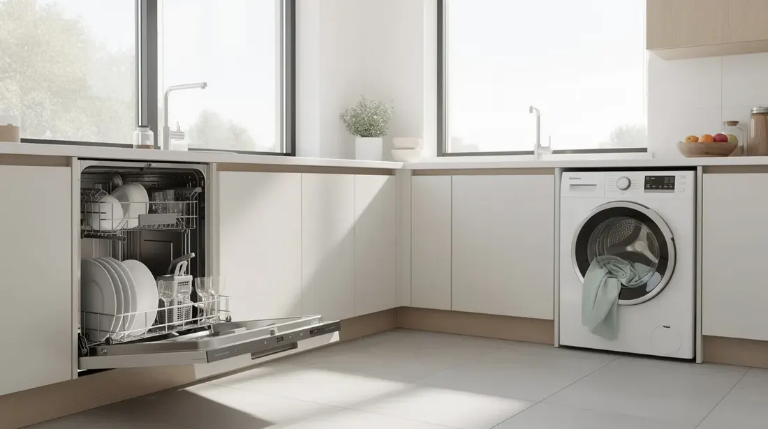 Une cuisine moderne baignée de lumière naturelle grâce à de grandes fenêtres, où un lave-vaisselle et un lave-linge sont ouverts, illustrant un espace fonctionnel et contemporain. L'aménagement optimal de cette pièce pourrait également favoriser l'autoconsommation solaire avec une installation photovoltaïque sur le toit.
