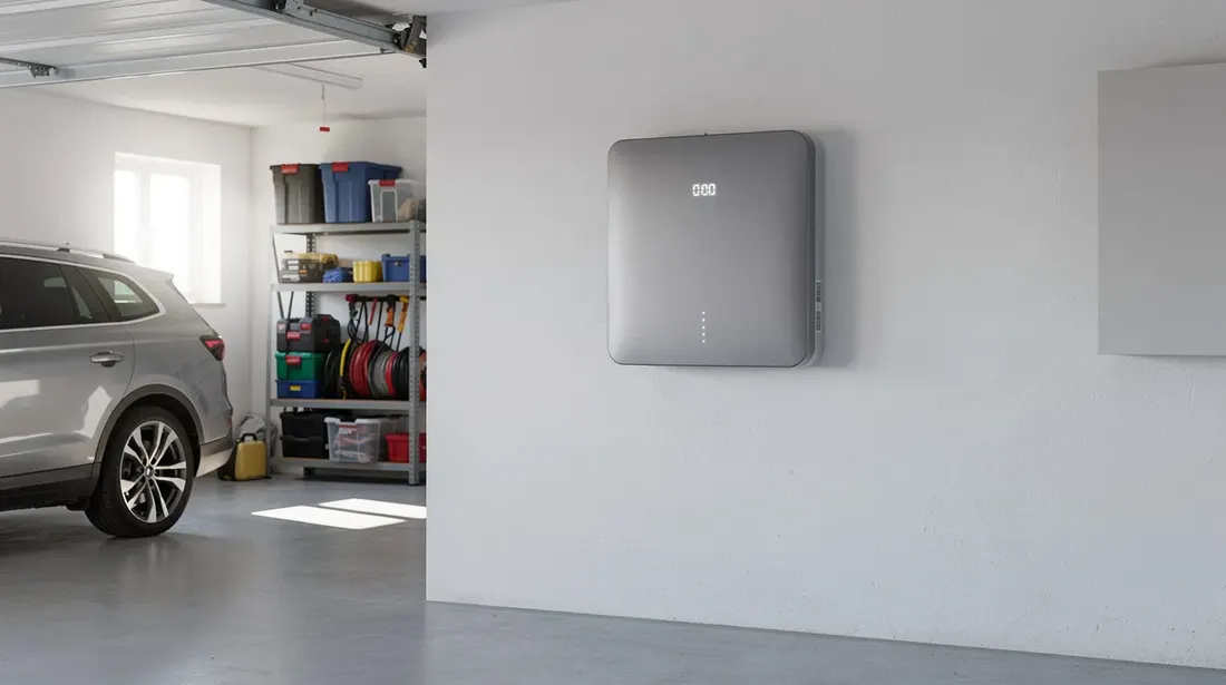 Une batterie domestique murale est installée dans un garage résidentiel propre et bien éclairé, prête à stocker l'électricité produite par des panneaux solaires photovoltaïques pour une utilisation en autoconsommation. Cette installation contribue à l'autonomie énergétique et à la réduction de la facture d'électricité.