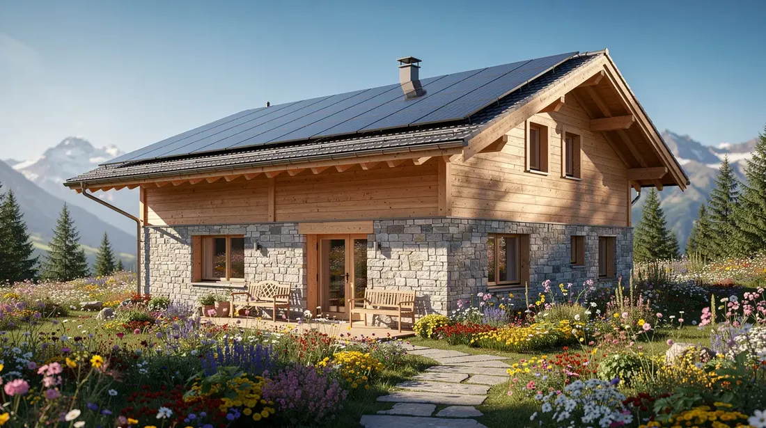 Un chalet suisse moderne se dresse sous un ciel dégagé, avec des panneaux solaires photovoltaïques intégrés à son toit, symbolisant l'autoconsommation d'énergie solaire. Le jardin fleuri qui l'entoure ajoute une touche de nature à cette installation écologique et esthétique.