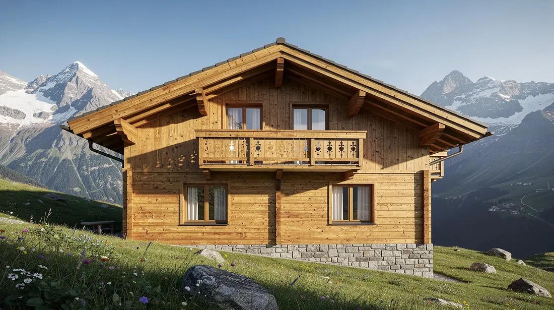 La façade d'un chalet suisse est revêtue de bardage en bois naturel de mélèze, offrant une esthétique chaleureuse et authentique. Ce bâtiment est situé dans un paysage alpin, entouré de montagnes majestueuses et de verdure.