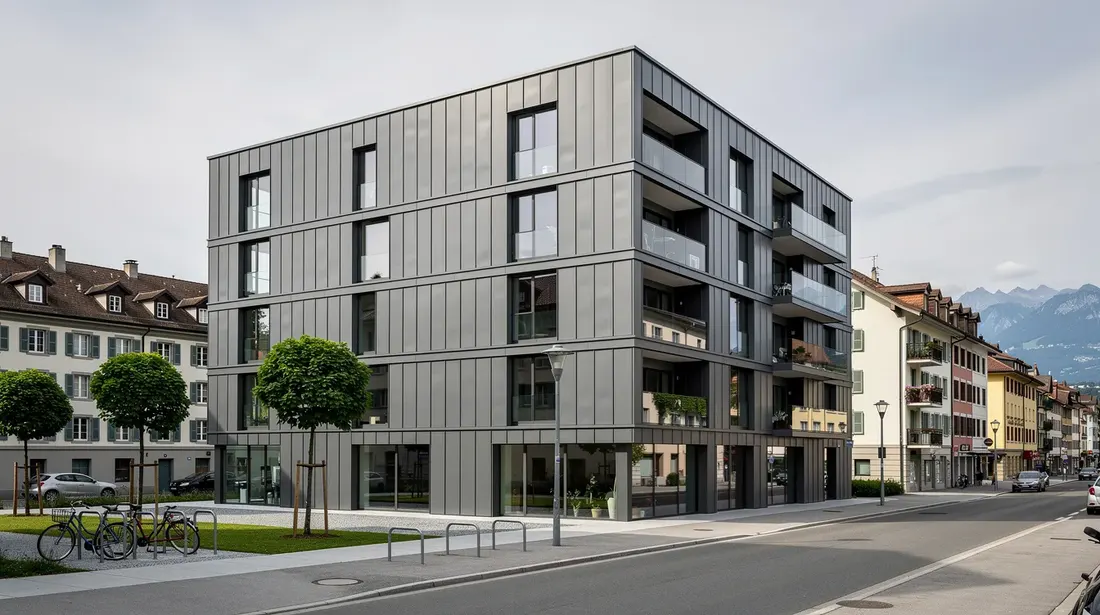 Un immeuble contemporain se dresse dans un quartier urbain suisse, arborant une façade en bardage métallique en zinc, qui lui confère une esthétique moderne et une protection contre les intempéries. Ce bâtiment met en valeur l'utilisation de matériaux durables et offre une solution architecturale innovante.