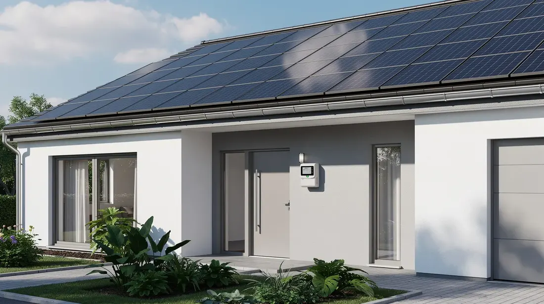 L'image montre une maison moderne avec des panneaux solaires installés sur le toit, symbolisant l'utilisation des énergies renouvelables. Un compteur intelligent est visible sur la façade, illustrant la gestion de la consommation d'électricité et l'importance de la tarification dynamique en Suisse.
