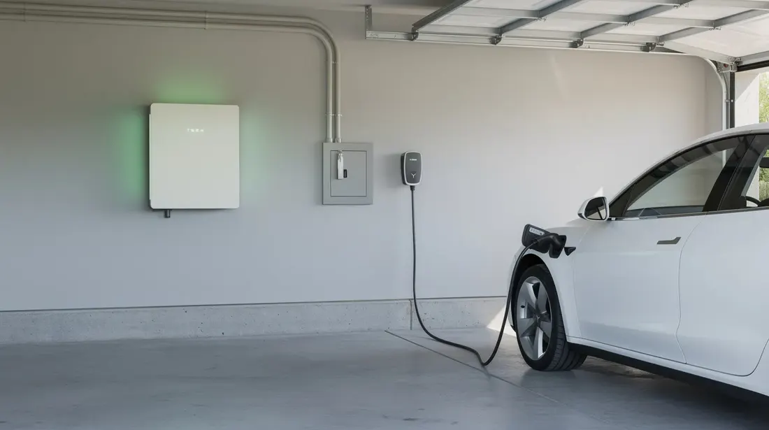 L'image montre une batterie domestique installée dans un garage, à côté d'un véhicule électrique en charge. Cette installation illustre l'utilisation des énergies renouvelables et la gestion de la consommation d'électricité, essentielle dans le contexte des tarifs dynamiques en Suisse.
