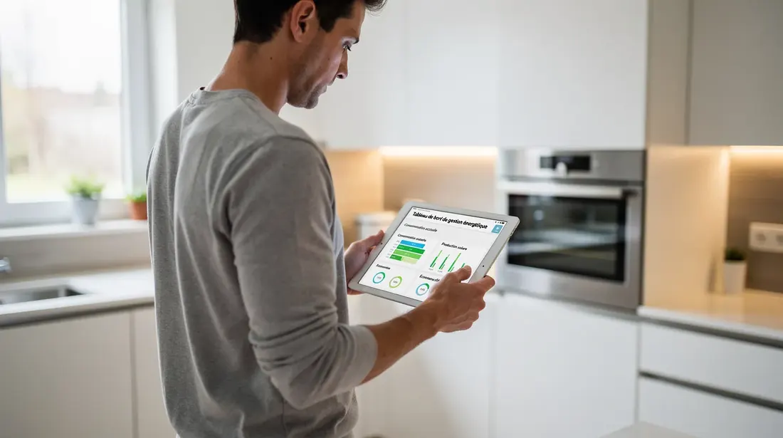 Une personne consulte un tableau de bord de gestion énergétique sur une tablette dans une cuisine moderne, affichant des informations sur la consommation d'électricité et les tarifs dynamiques en Suisse. Ce tableau permet de suivre l'utilisation du réseau électrique et d'optimiser les coûts liés à l'énergie.