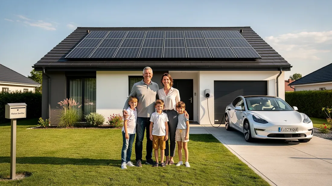 Une famille souriante se tient devant une maison individuelle, avec un véhicule électrique garé à côté et des panneaux solaires visibles sur le toit. Cette image illustre l'utilisation des énergies renouvelables et la gestion de la consommation d'électricité dans un cadre domestique.