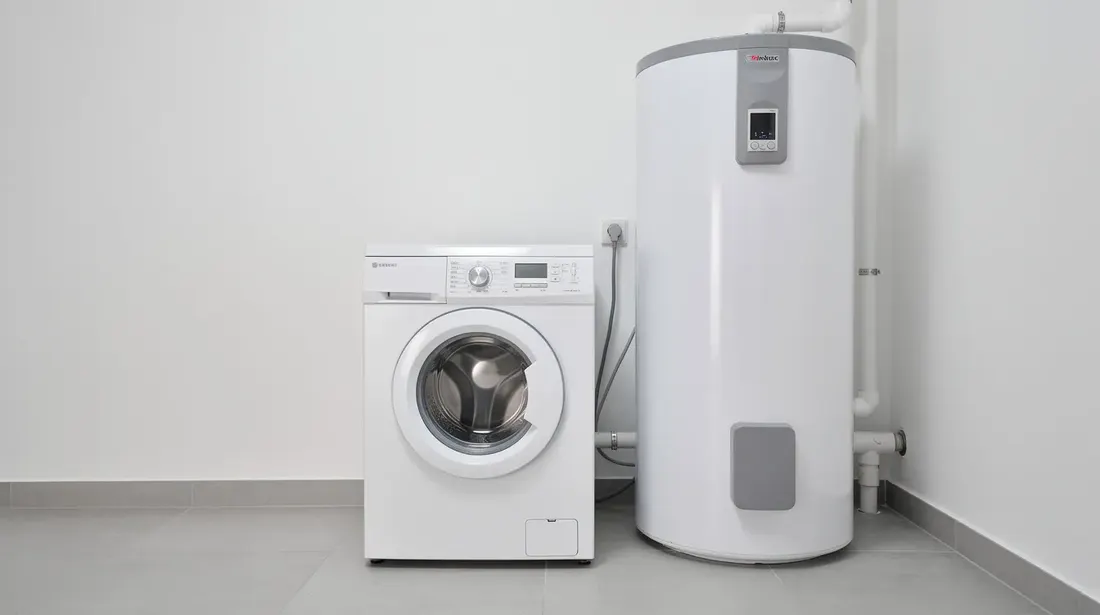 L'image montre un local technique résidentiel bien rangé, avec un chauffe-eau thermodynamique blanc installé à côté d'une machine à laver. Ce système de production d'eau chaude, efficace et écologique, illustre une solution moderne pour le chauffage de l'eau dans un ménage.