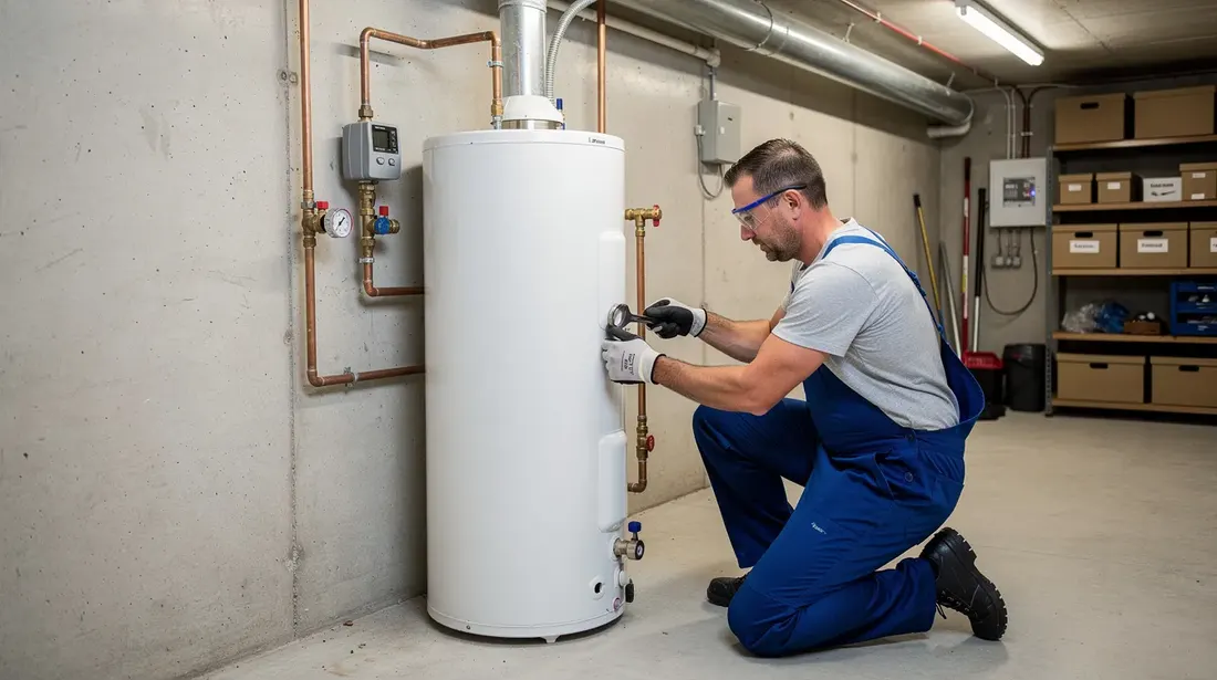 Un technicien installe un chauffe-eau thermodynamique dans un sous-sol résidentiel bien éclairé, entouré d'outils et de matériel. L'appareil, conçu pour la production d'eau chaude, est relié à un système de pompe à chaleur pour optimiser l'efficacité énergétique.