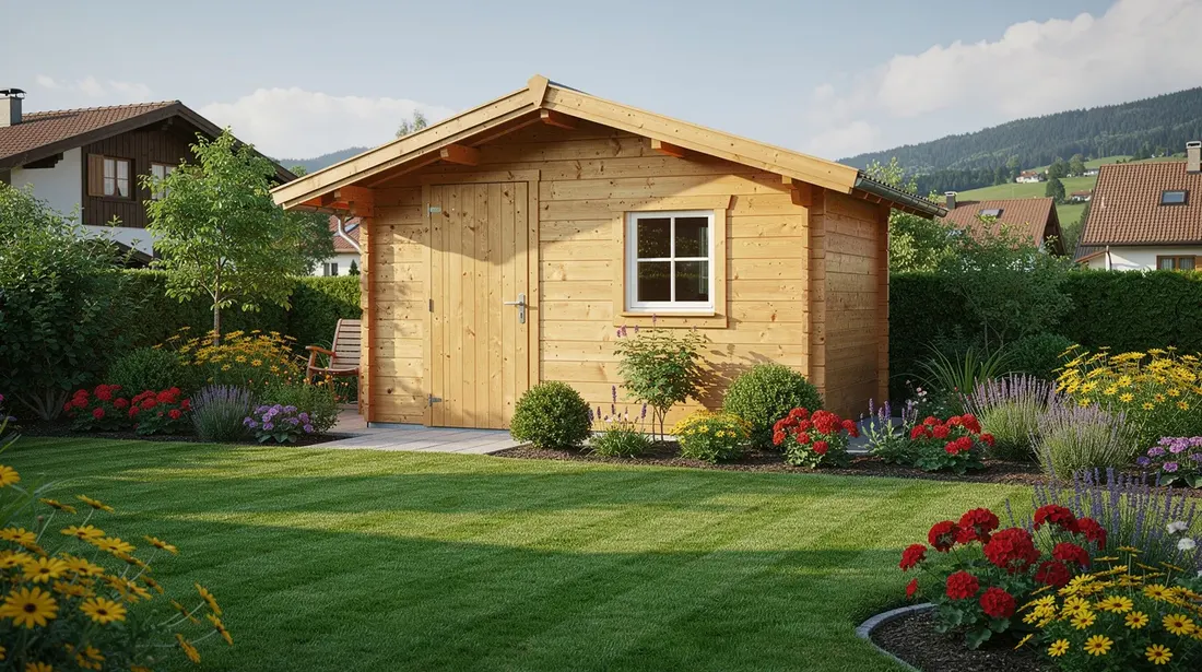 Une petite cabane de jardin en bois est installée dans un jardin verdoyant, entourée d'une pelouse bien entretenue et de massifs fleuris, offrant un espace idéal pour le rangement d'outils de jardinage et le loisir en extérieur. Ce cadre résidentiel suisse évoque une ambiance paisible et accueillante.