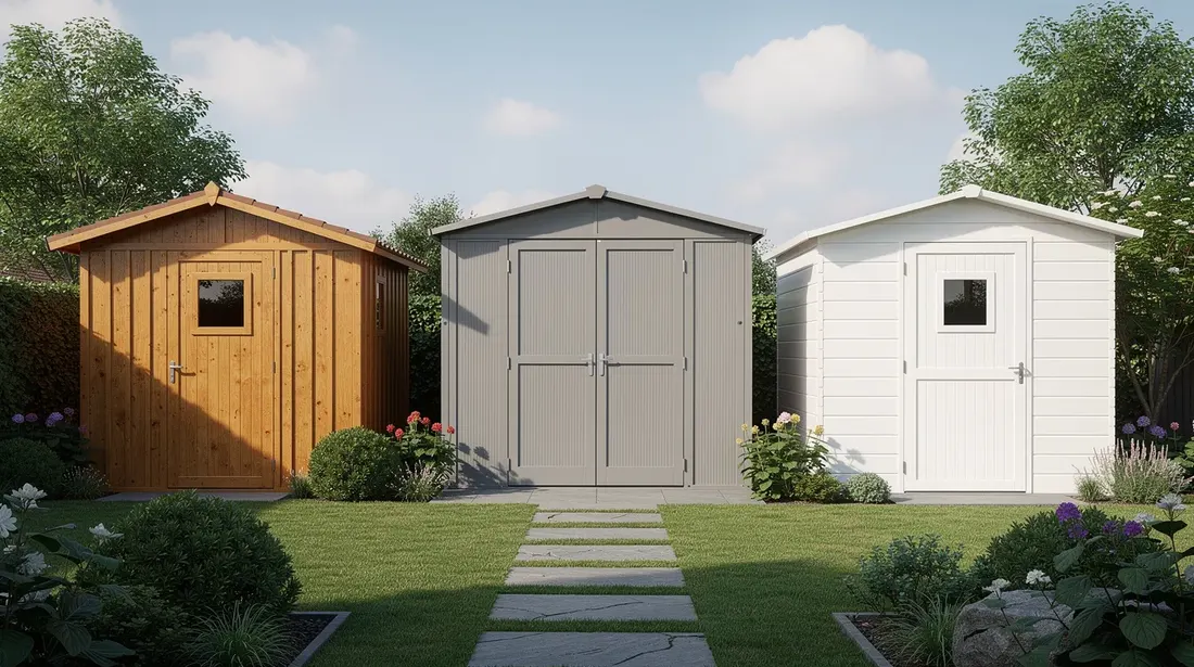 L'image montre trois abris de jardin côte à côte dans un environnement paysager : un abri en bois naturel, un autre en métal gris et un dernier en résine blanche. Ces abris, adaptés pour le stockage d'outils et d'équipements de jardinage, illustrent différentes options de matériaux et de styles pour l'extérieur.