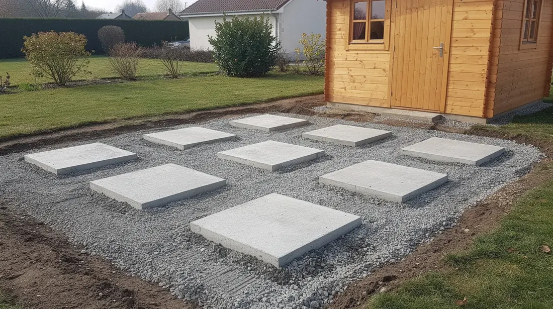 Une fondation en plots de béton est soigneusement alignée sur un terrain nivelé recouvert de graviers, prête à accueillir la structure d'un abri de jardin en bois. Cet espace extérieur est idéal pour le rangement d'outils et d'équipements de jardinage.