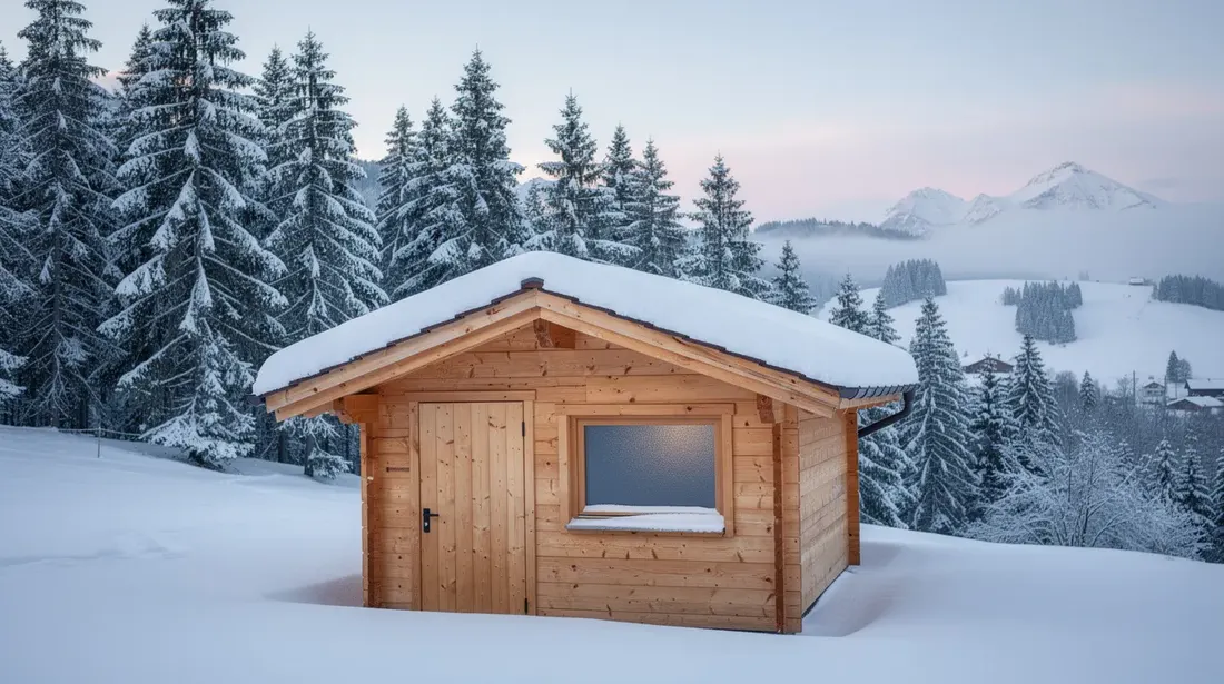Une cabane de jardin en bois avec un toit à double pente est recouverte d'une fine couche de neige, se fondant harmonieusement dans un paysage hivernal suisse, entourée de sapins majestueux. Ce charmant abri extérieur évoque des moments de jardinage et de loisirs en toute saison.