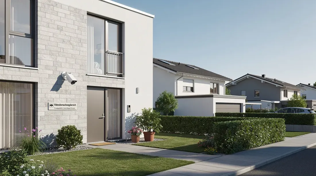 Une illustration réaliste d'une maison individuelle moderne en Suisse, avec une caméra de surveillance extérieure discrètement installée à 2,5 mètres sur la façade en pierre, orientée vers l'entrée privée et le jardin. Un panneau indiquant la zone de vidéosurveillance est visible à l'entrée, le tout dans un quartier résidentiel calme sous un éclairage naturel doux.