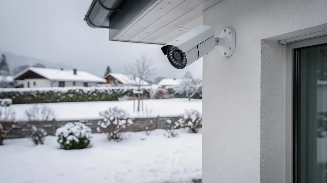 Une caméra de surveillance extérieure est fixée sur la façade d'une maison individuelle en Suisse, surplombant un jardin enneigé. Cet appareil de sécurité offre une vue dégagée sur le site, permettant ainsi un contrôle efficace des lieux.