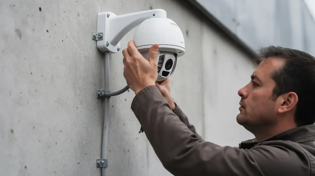 Une personne ajuste l'angle d'une caméra de surveillance extérieure fixée sur un mur en béton, veillant à optimiser son champ de vision pour assurer la sécurité du site. Cette caméra fait partie d'un système de vidéosurveillance destiné à protéger les locaux et répondre aux besoins des particuliers.