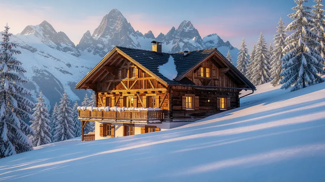 Un chalet suisse traditionnel se dresse majestueusement dans un paysage de montagne enneigé, mettant en valeur sa charpente en bois apparent et sa toiture fortement inclinée. Ce bâtiment incarne le savoir-faire et la qualité de la construction en bois, reflet d'une histoire et d'une tradition bien ancrées dans la région.
