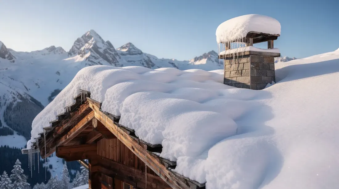 Une toiture de chalet de montagne suisse est recouverte d'une épaisse couche de neige, tandis que des montagnes majestueuses se dressent en arrière-plan, illustrant l'harmonie entre la construction en bois et la nature environnante. Cette image évoque le savoir-faire traditionnel en ferblanterie et couverture, caractéristique de la région suisse romande.