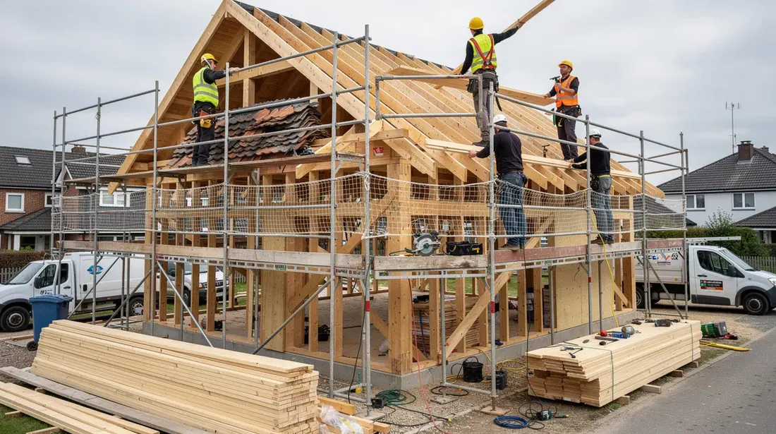 Des charpentiers s'affairent sur une structure de toit en bois, entourés d'échafaudages, dans le cadre d'une rénovation de maison. Leur savoir-faire en charpenterie et en couverture est mis en avant, illustrant l'expertise de l'entreprise dans la construction et la qualité des matériaux utilisés.