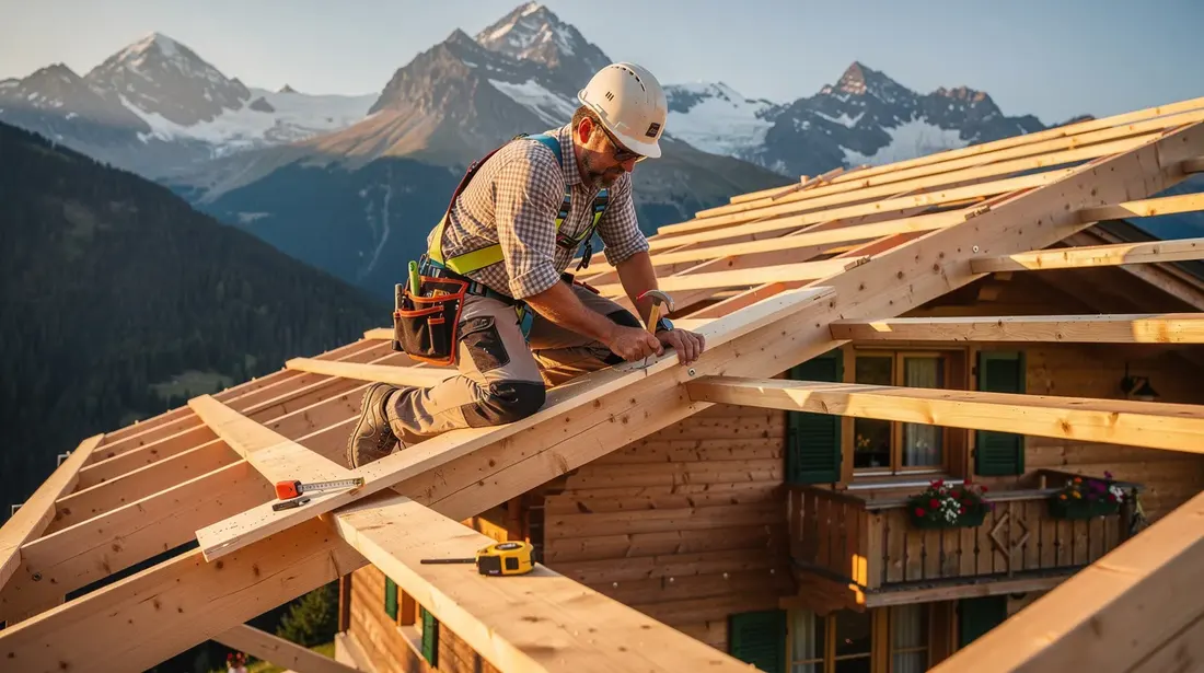 Un charpentier est en train d'assembler une structure en bois sur le toit d'un chalet suisse, avec en toile de fond des montagnes majestueuses. L'image évoque le savoir-faire artisanal et la beauté des paysages alpins.