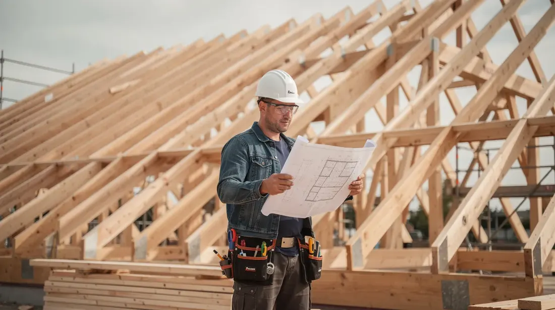 Un charpentier professionnel examine des plans de construction devant une charpente en bois neuve, mettant en avant son expertise dans le domaine de la charpenterie. L'environnement est lumineux et met en valeur les détails de la structure en bois.