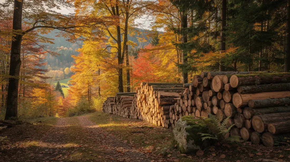 L'image montre une forêt suisse en automne, avec des arbres aux feuilles colorées, tandis qu'au premier plan se trouvent des piles de bois de chauffage, prêtes à être utilisées pour le chauffage au bois. Ces bûches représentent une matière première essentielle pour les chaudières à bûches, contribuant à un système de chauffage durable et bon marché.