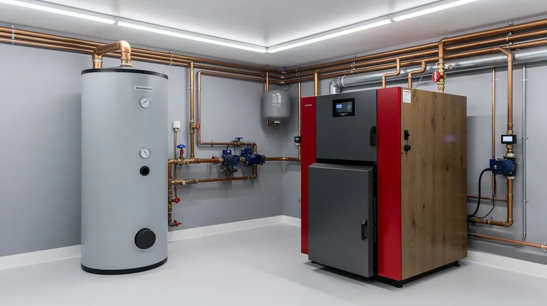 L'image montre un local technique moderne équipé d'une chaudière à bois, utilisant des bûches comme combustible, et d'un grand ballon tampon pour l'accumulation d'eau chaude sanitaire. Ce système de chauffage au bois est une alternative écologique et économique pour le confort des habitations.