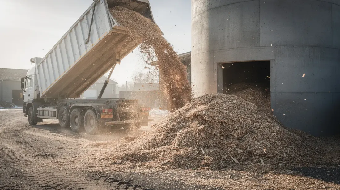 L'image montre un camion déversant des plaquettes de bois déchiqueté dans un silo en béton, une matière première essentielle pour alimenter des chaudières à bois. Ce processus contribue à un système de chauffage au bois, une alternative économique et écologique pour la production de chaleur dans les habitations.