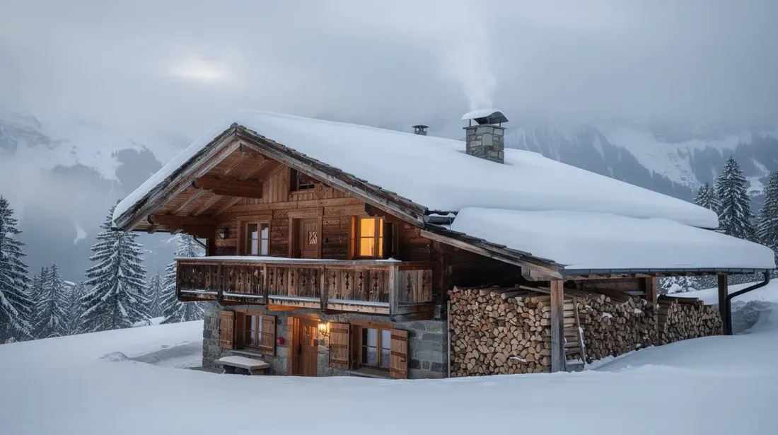 Un chalet suisse en hiver, entouré de neige, dégage de la fumée de sa cheminée tandis qu'un tas de bûches est empilé sur le côté, prêt à être utilisé pour le chauffage au bois. Cette scène évoque une ambiance chaleureuse et traditionnelle, idéale pour profiter d'un confort optimal dans une habitation en période froide.