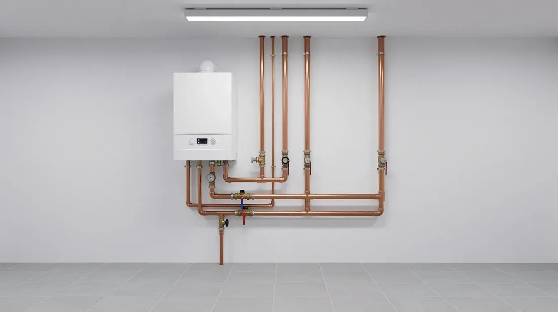 L'image montre un local technique bien organisé avec une chaudière à condensation moderne fixée sur un mur blanc. La tuyauterie cuivrée est visible, illustrant le système de chauffage efficace qui utilise le gaz naturel pour la production d'eau chaude.