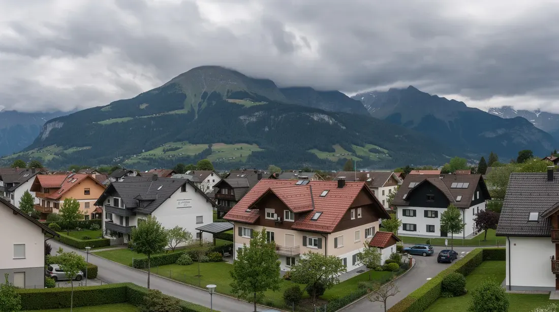 Un panorama d'un quartier résidentiel suisse montre des maisons aux toits typiques, entourées de majestueuses montagnes sous un ciel nuageux. Ce paysage évoque un environnement calme, idéal pour l'installation de systèmes de chauffage efficaces, comme une chaudière à condensation, qui utilise le gaz naturel pour la production d'eau chaude.