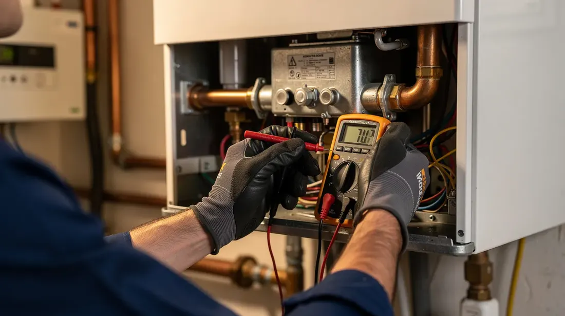 Gros plan sur les mains d'un technicien qui inspecte l'intérieur d'une chaudière à condensation avec des outils de diagnostic, mettant en avant les éléments essentiels pour la vérification et la maintenance de ce système de chauffage efficace. On peut également apercevoir des pièces liées à la combustion et à la production d'eau chaude.