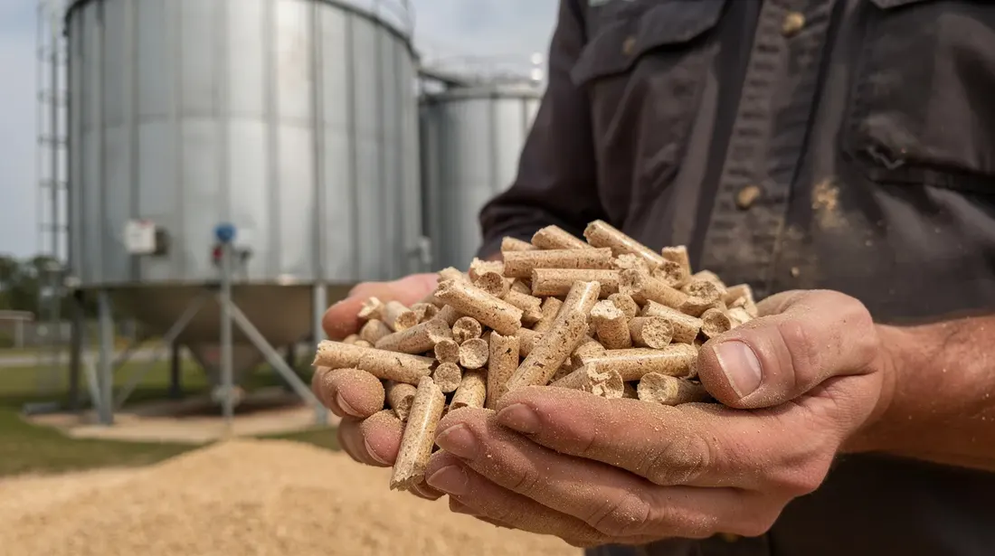 Une personne tient des granulés de bois dans ses mains, avec un silo de stockage en arrière-plan. Cette image illustre l'utilisation des granulés comme combustible dans une chaudière à granulés pour le chauffage, représentant une solution d'énergie renouvelable.